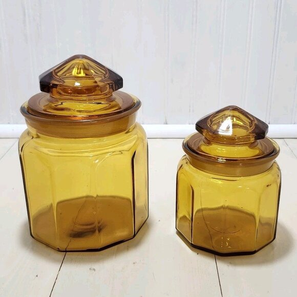 Vtg LE Smith 10 Panel Amber Glass Apothecary Lid Jar 5.25 & 7.25 Canister Set 2 - Picture 2 of 12